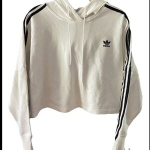 Adidas White Cropped Hoodie black stripes medium